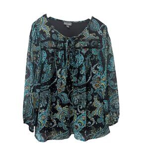 Roz & Ali Peasant Blouse Size Medium Womens Black Green Paisley Chiffon